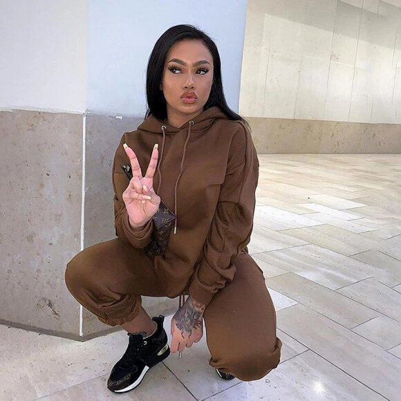 Fleece Tracksuit Sweatsuit Hoodie Sports Suit Tops Sweatpants Pants Set - Picture 10 of 12